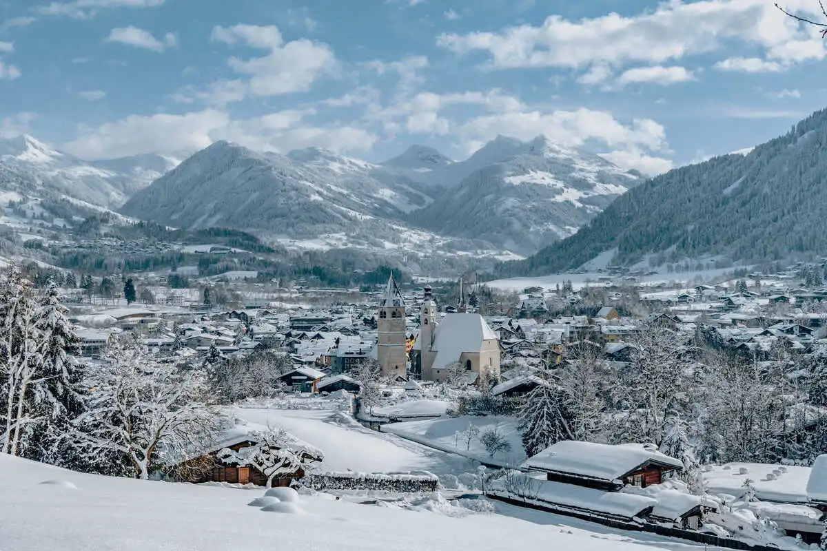 a snow covered kitzbuhel town