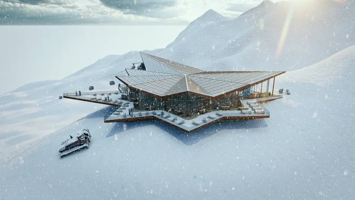 Comuoter generated image of a panoramic view of incredibly snowy Pila mountaintop and ski slopes and the new star-shaped top station with wrap around balcony at the top of the new Stella del Couis lift in Pila, Aosta Valley