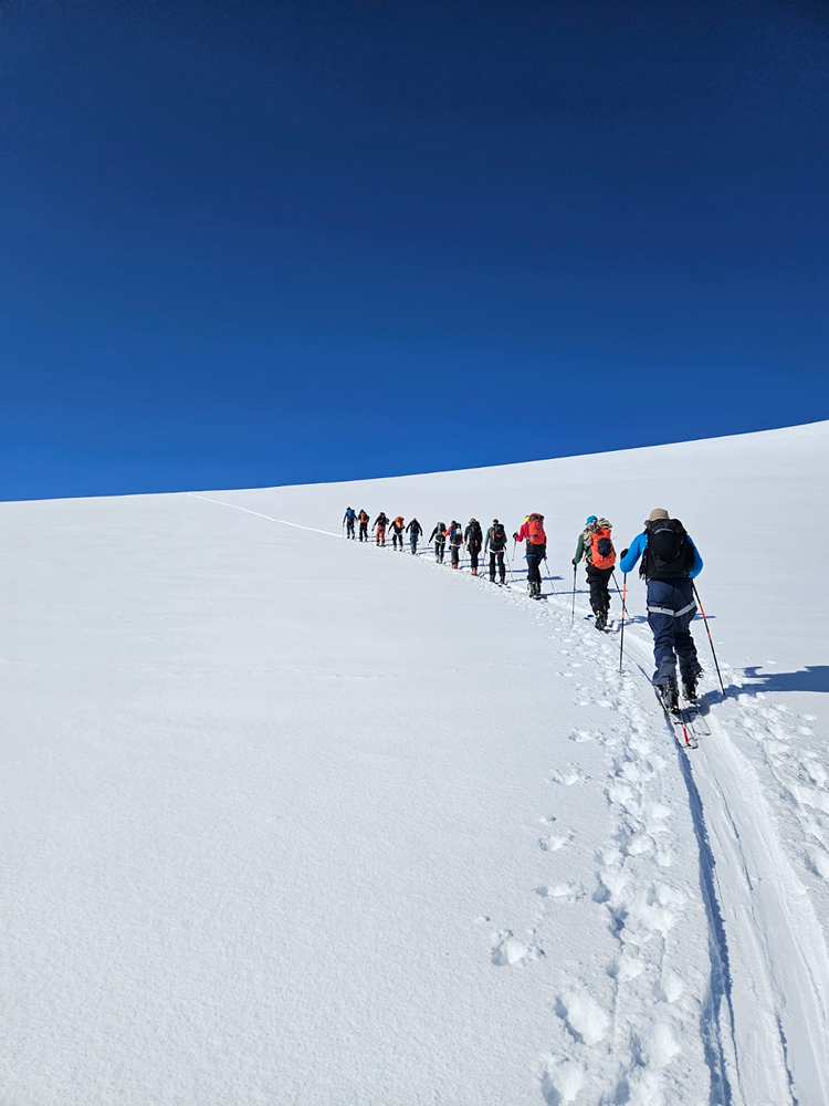 A line of ski tourers climbing a snowy slope under a deep blue sky