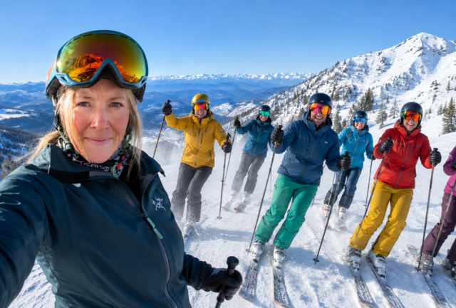 Katy Ellis leading a group of skiers