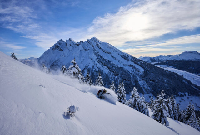Skier turning through fresh powder below snowy peaks and pine trees
