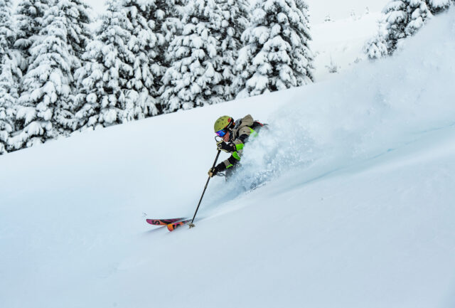 Skier turning through deep powder between snow-covered trees