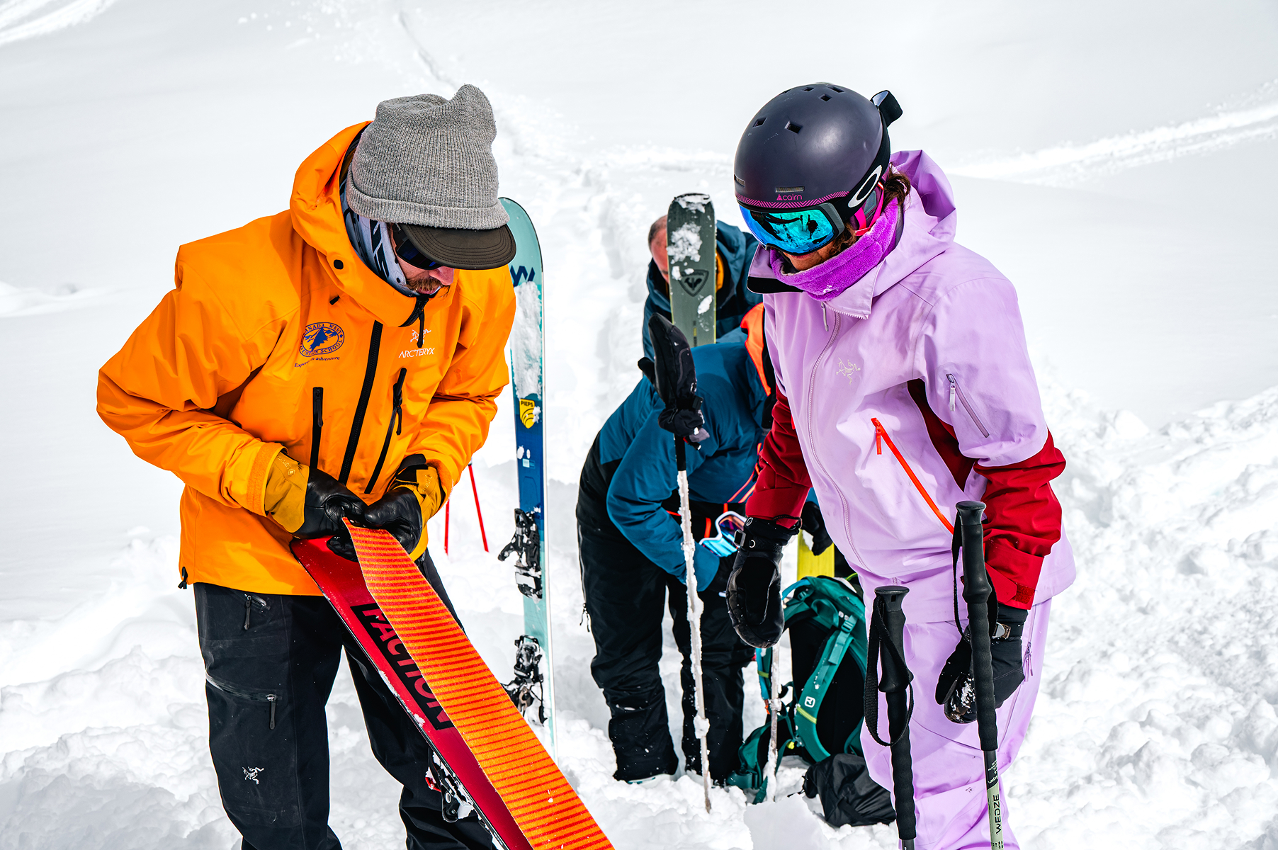 Guide with a group on an off piste safety session